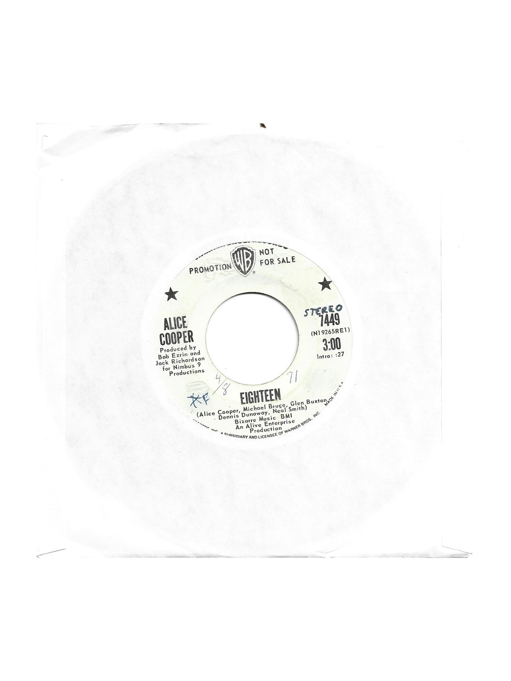 Alice Cooper  ‎– Eighteen 7 Inch Vinyl US Promo Warner Preloved: 1971