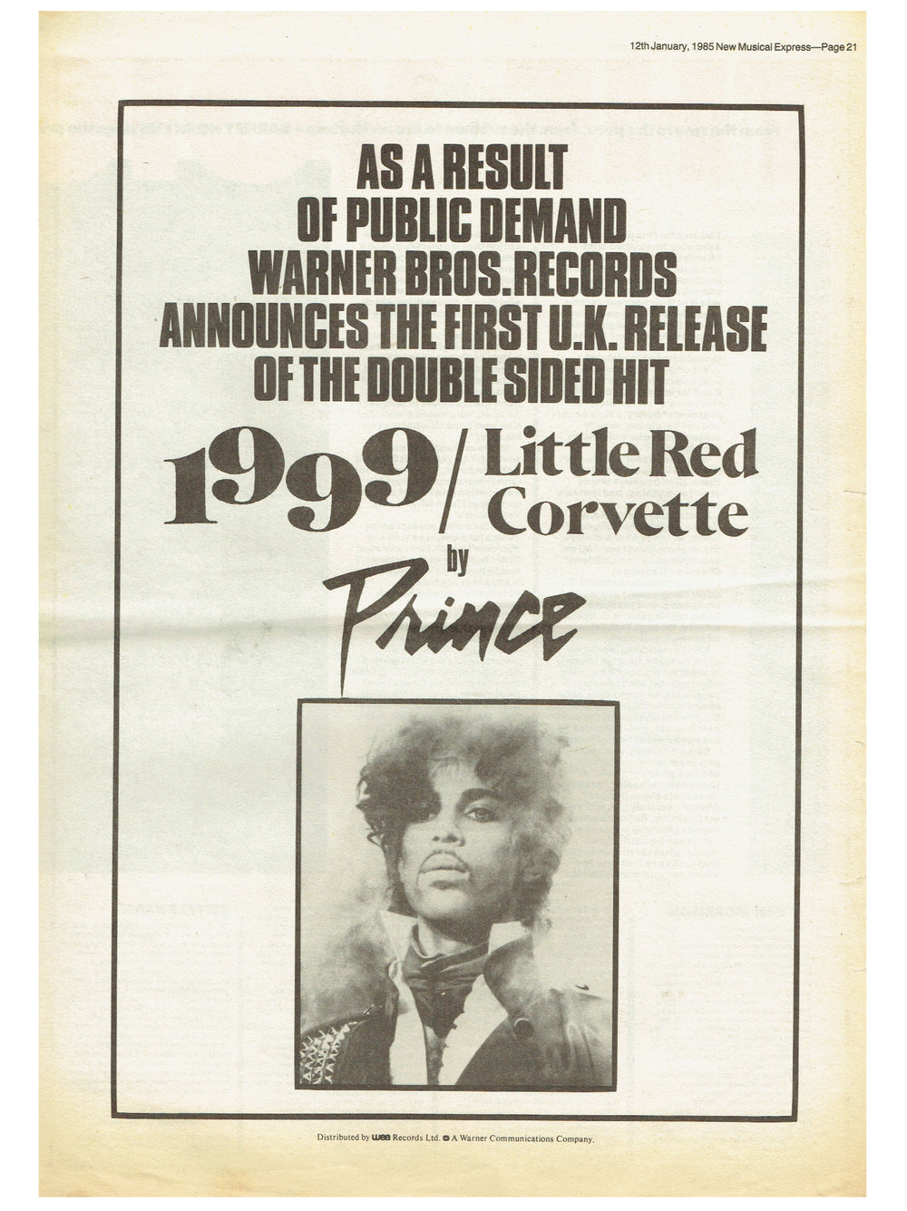 Prince – 1999 Little Red Corvette Full Page Advert Newspaper NME January 12th 1985