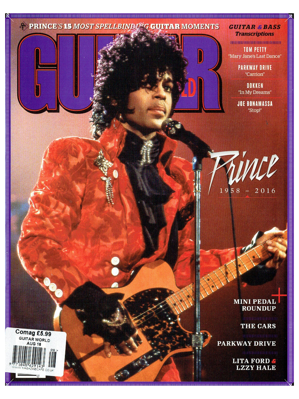 Prince – Magazine Guitar World August 16th Cover Picture & 14 Page Article Preloved: 2016