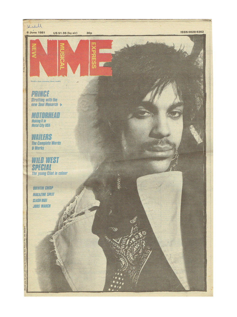 Prince – Full Page Cover Newspaper NME 6th June 1981