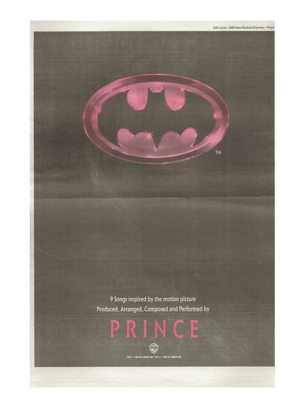 Prince – Newspaper Full Page Official Advert NME  June 24th BATMAN Preloved: 1989