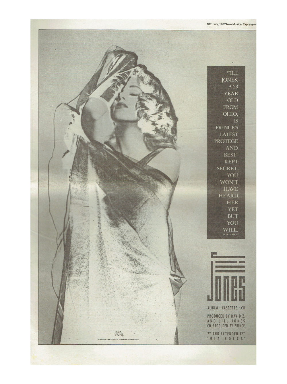 Prince – Jill Jones Full Page Official Advert NME Newspaper July 18th 1987 Prince