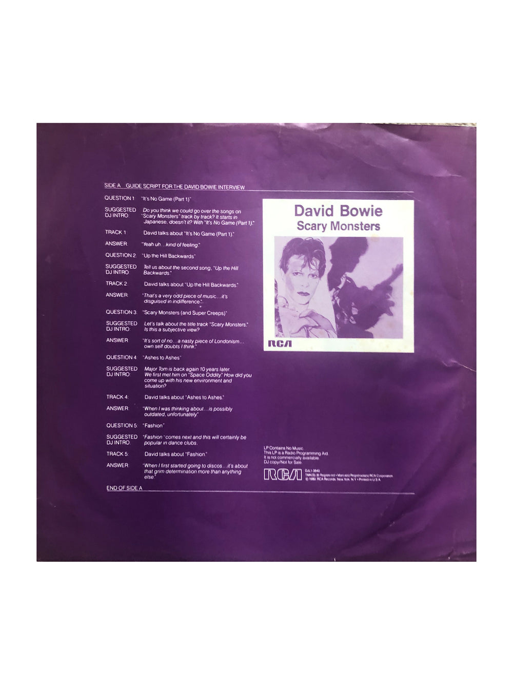David Bowie - Interview RCA Promotional US Vinyl LP Album Preloved:1980