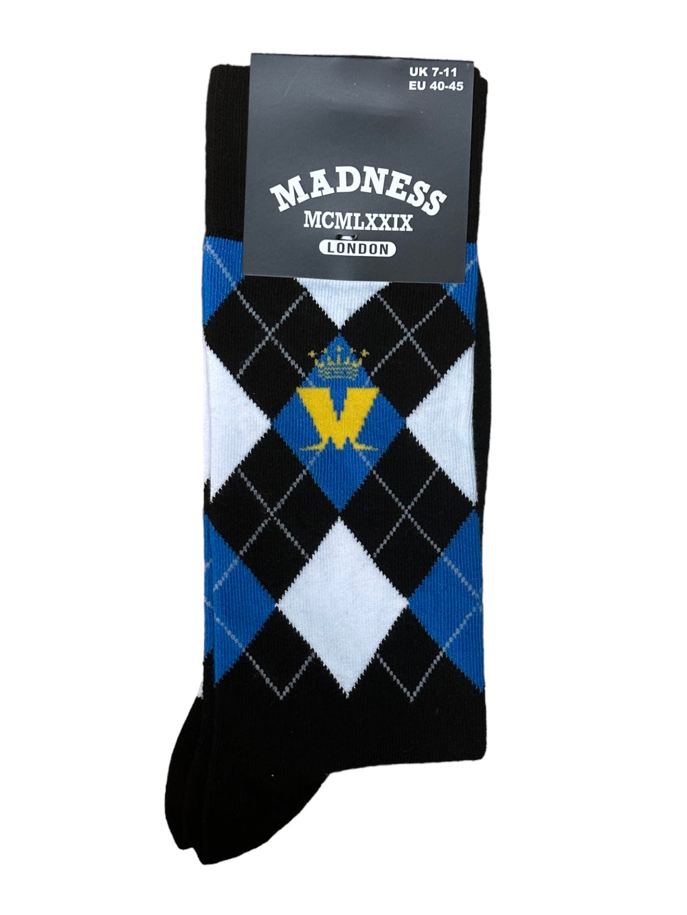 Madness - Crown & M Blue  Diamond  Pattern Official Product 1 Pair Jacquard Socks Brand New