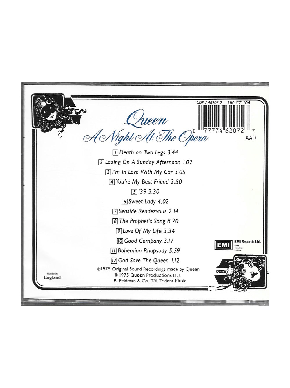 Queen ‎– A Night At The Opera CD Reissue UK Parlophone Preloved:1992