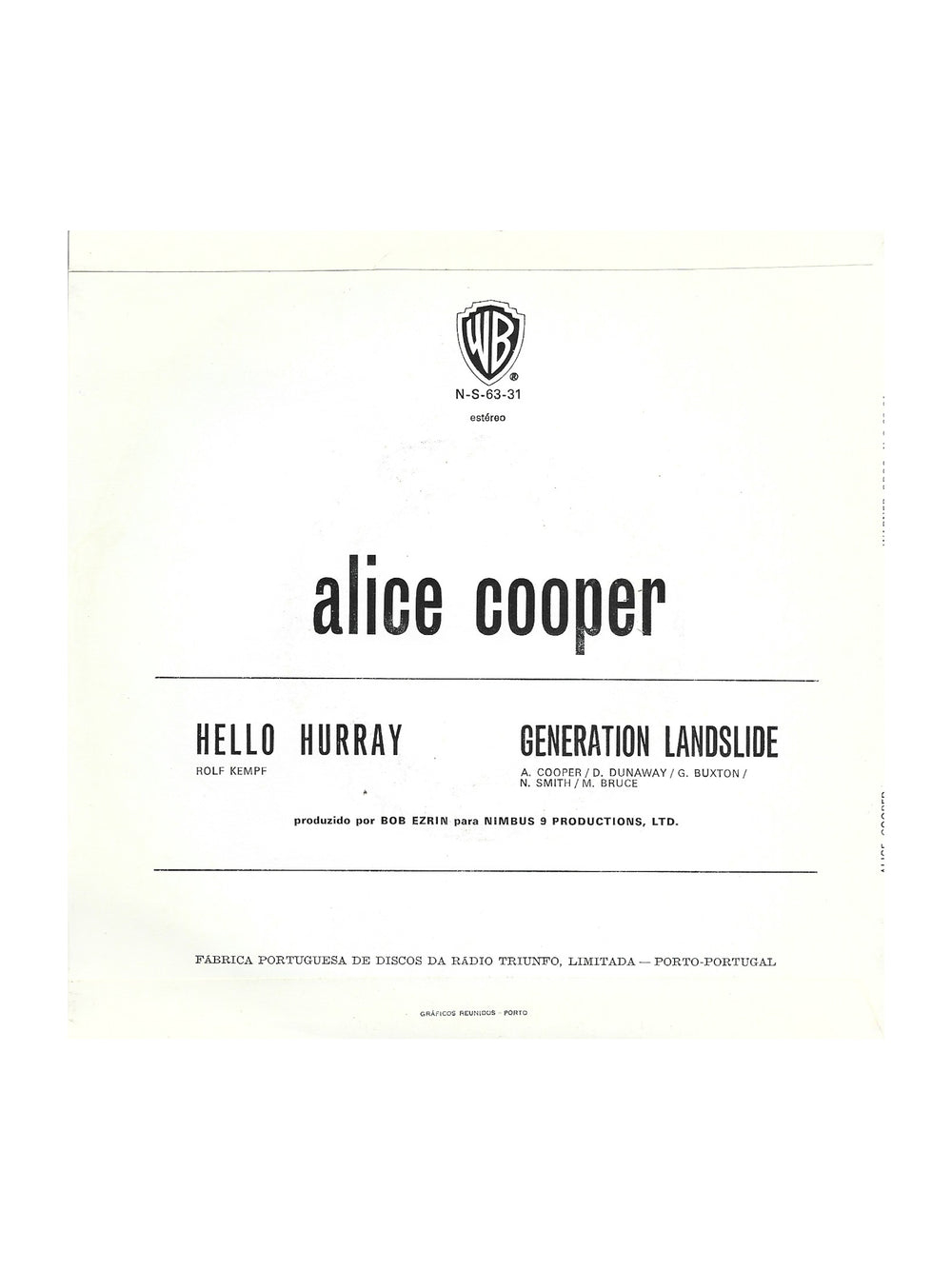 Alice Cooper  ‎– Hello Hurray 7 Inch Vinyl Portugal  Warner Bros. Records Preloved:1973