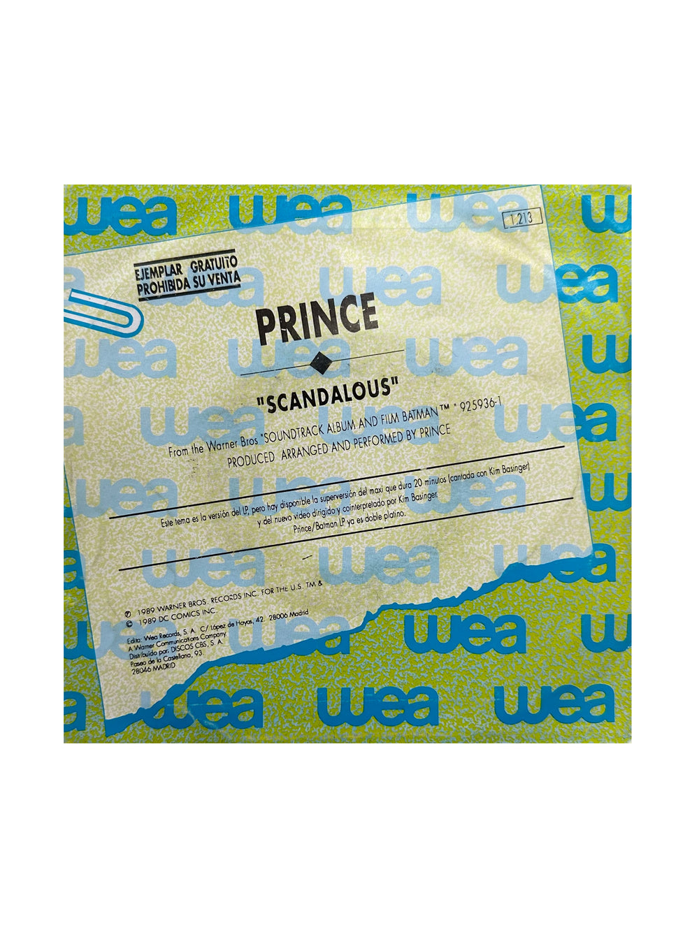 Prince – Scandalous Vinyl 7" Single Promotional Spanish Preloved: 1989