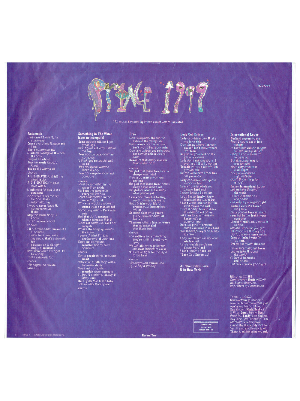Prince 1999 Double Vinyl Album UK EU Release  923720-1