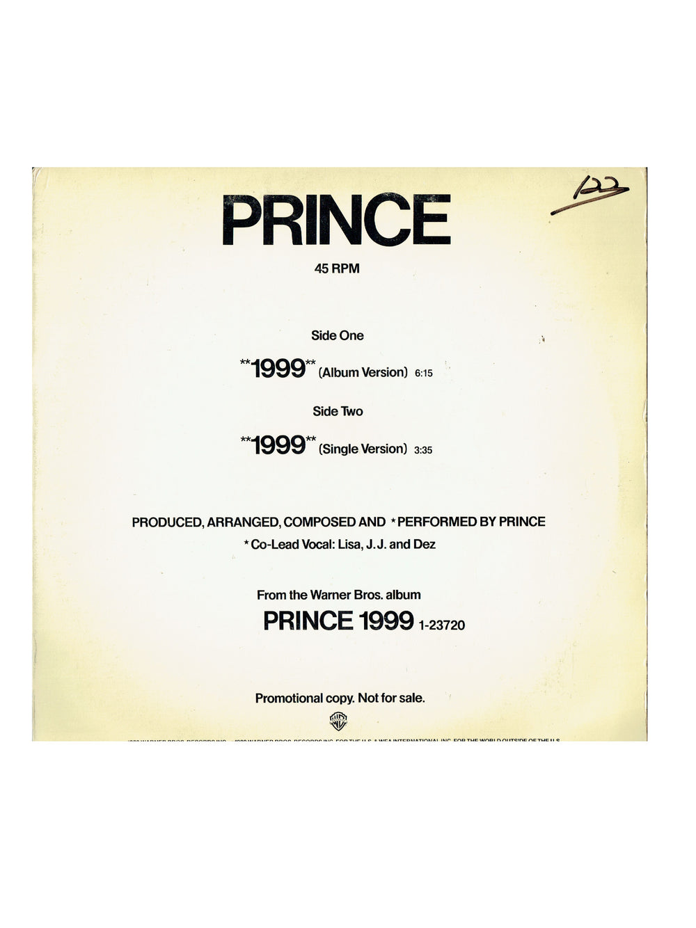 Prince 1999 2 Versions 12 Inch Vinyl USA Promotional Release