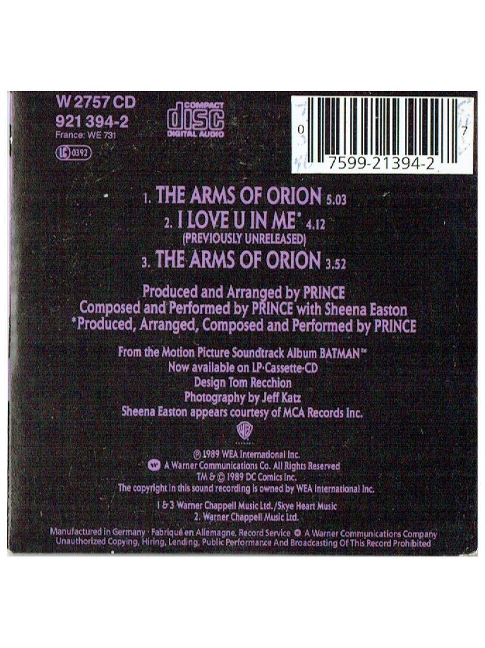 Prince – & Sheena Easton The Arms Of Orion CD Mini Single Clam Shell Europe Preloved: 1989