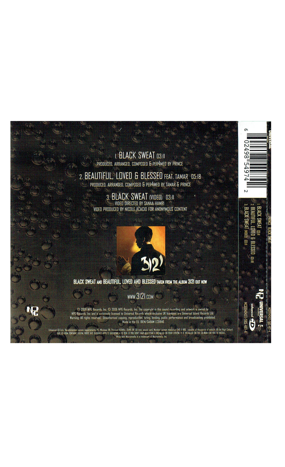 Prince – Black Sweat Enhanced Video 2006 Picture CD Single 3 Tracks Preowned: 2006