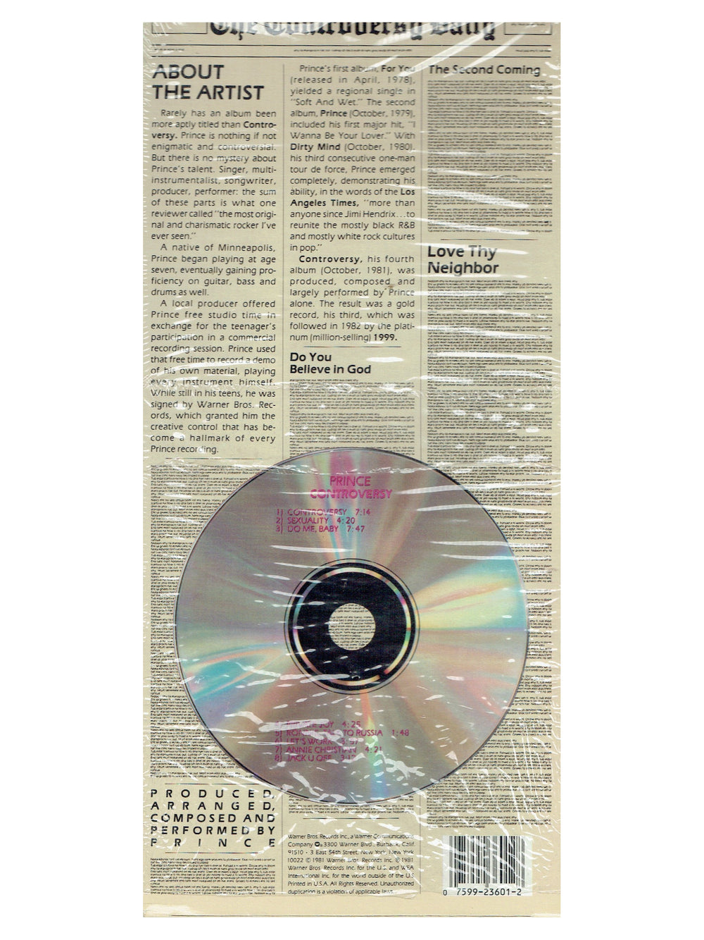 Prince Controversy Compact Disc CD Album Long Box USA Release Cellophane 3 Sides