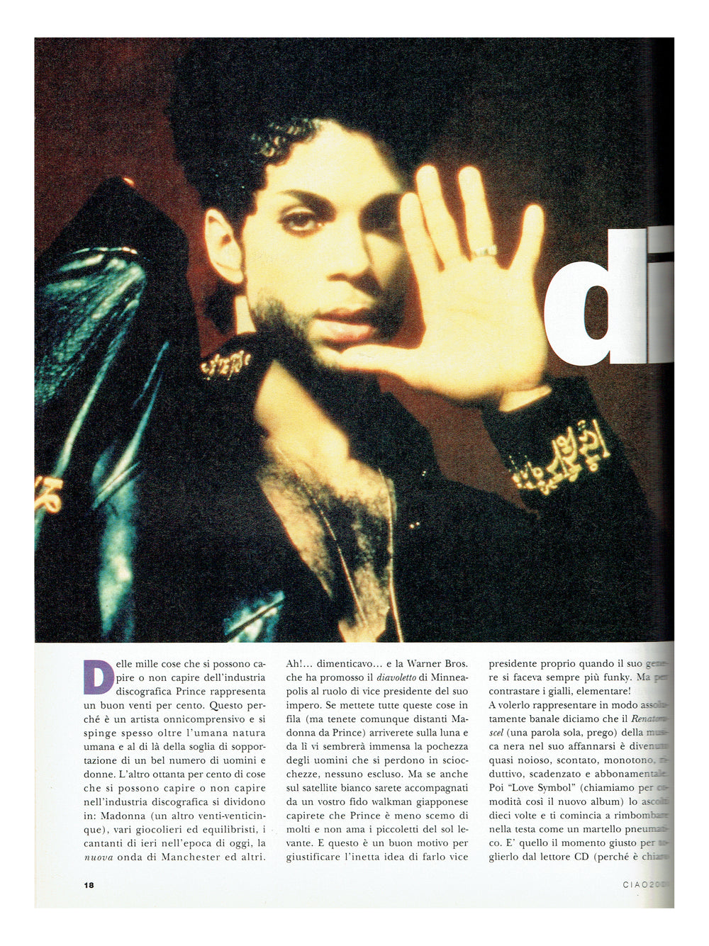 Prince CIAO December 1992 Italian Magazine Cover And 4 Page Article EX