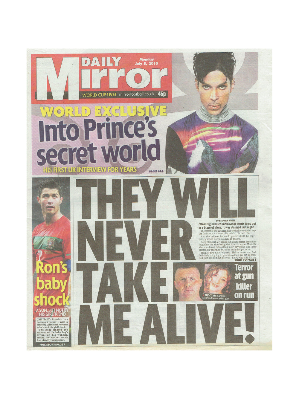 Prince –  Daily Mirror Newspaper Monday July 5th 2010 Cover Insert & 2 Pages