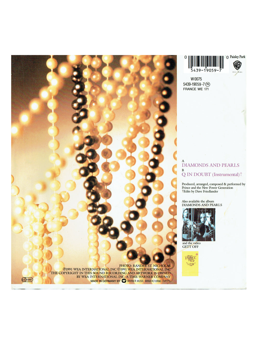 Prince Diamonds & Pearls 7 Inch Single PS Release 1991 W0075 MRM