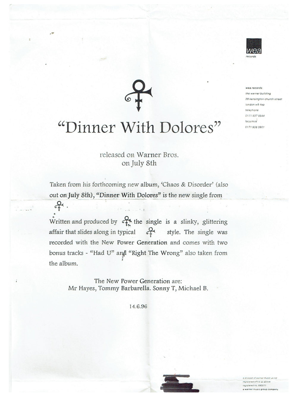 Prince – O(+> TAFKAP Dinner With Delores CD Single EU Promo & Sheet Preloved: 1996
