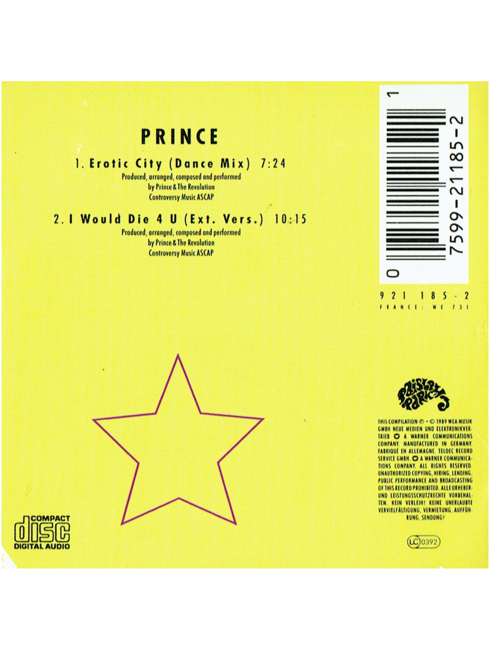 Prince Erotic City Dance Mix I Would Die 4 U Ext 3 Inch CD Single In Original Clam Pack SMS