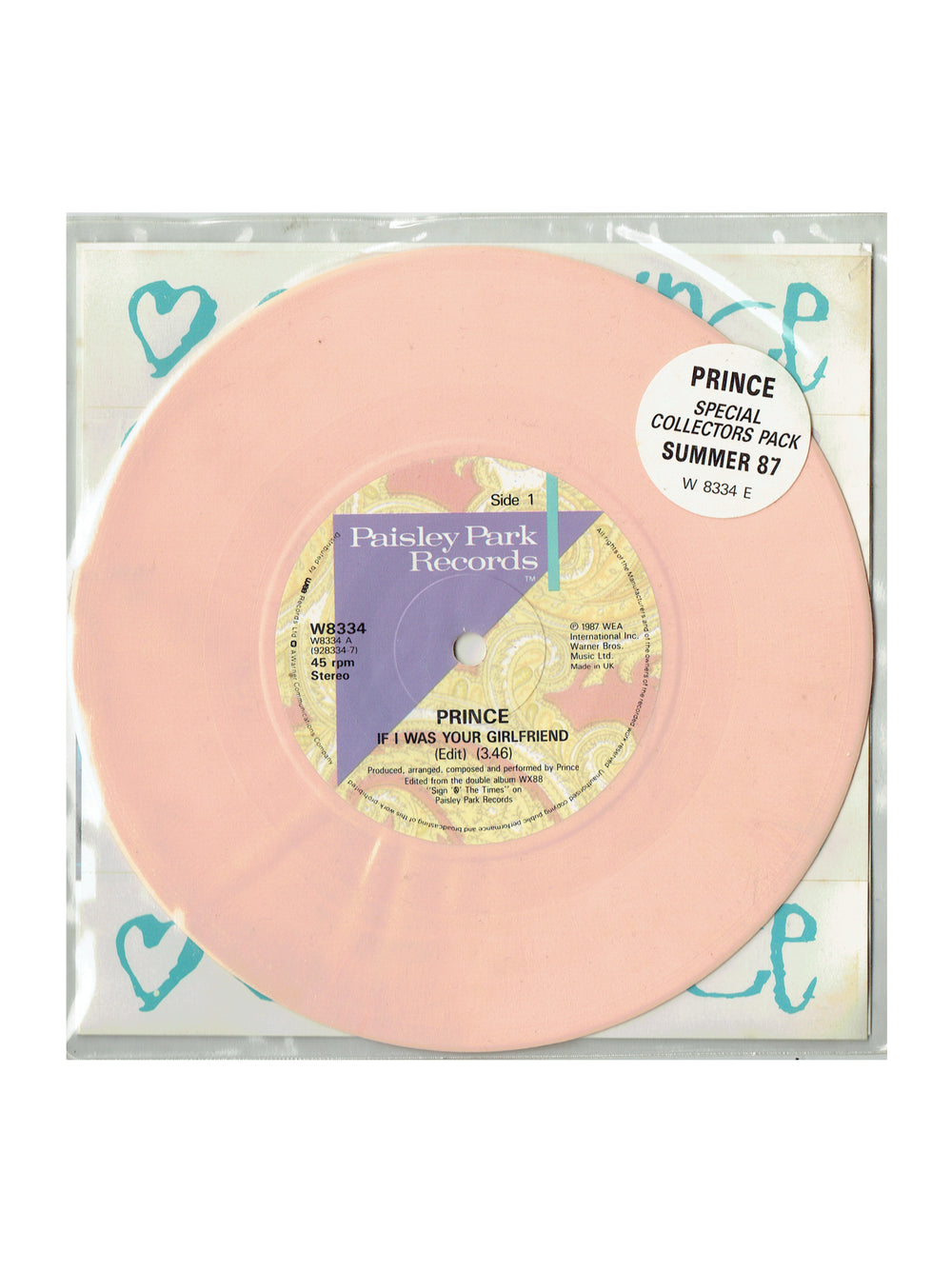 Prince – If I Was Your Girlfriend 7 Inch Peach Vinyl Collectors Pack W8334E NO STICKERS