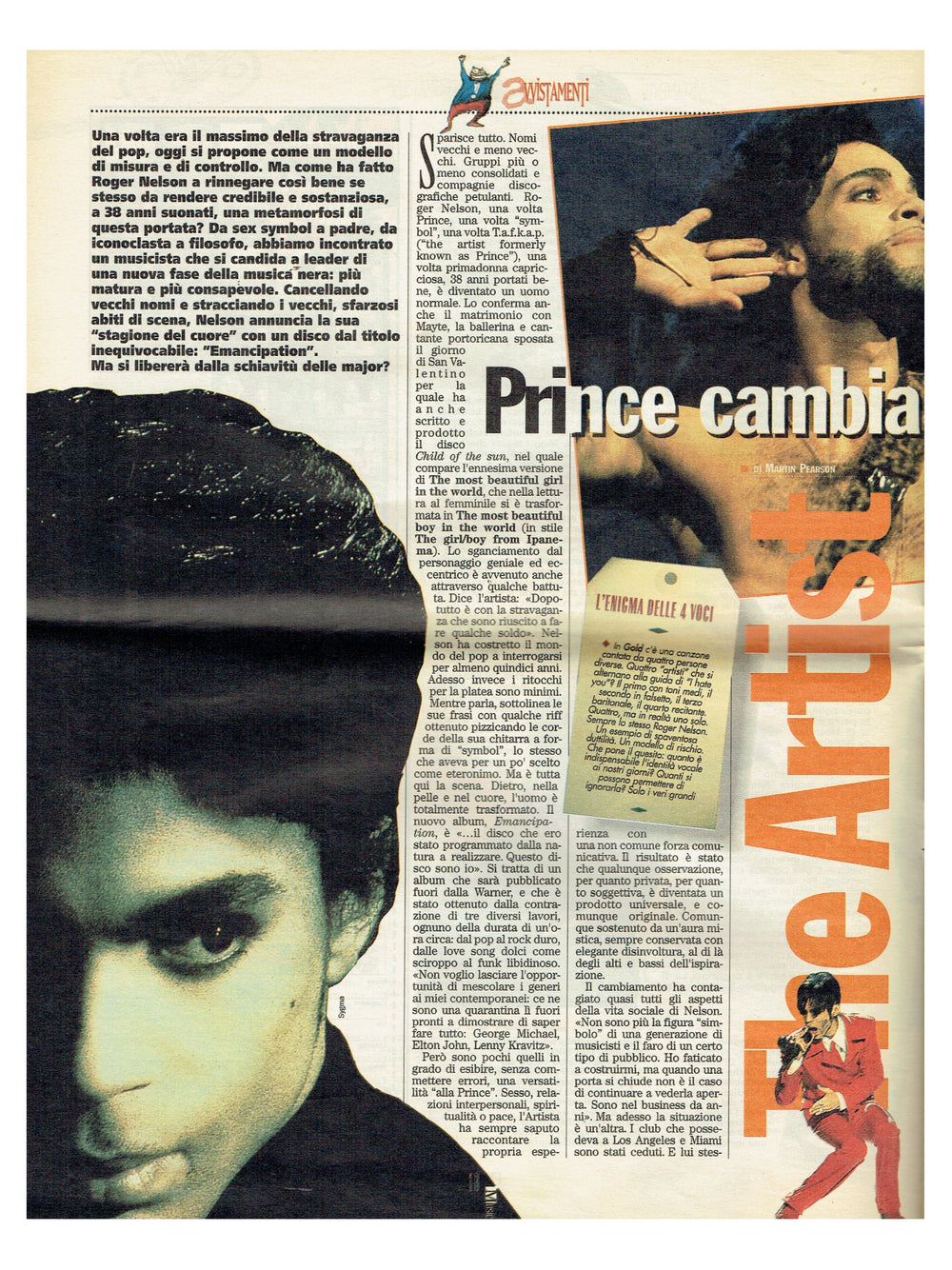 Prince – Musica Magazine October 23rdInsert Cover & 2 Page Article Italian Preloved: 1996