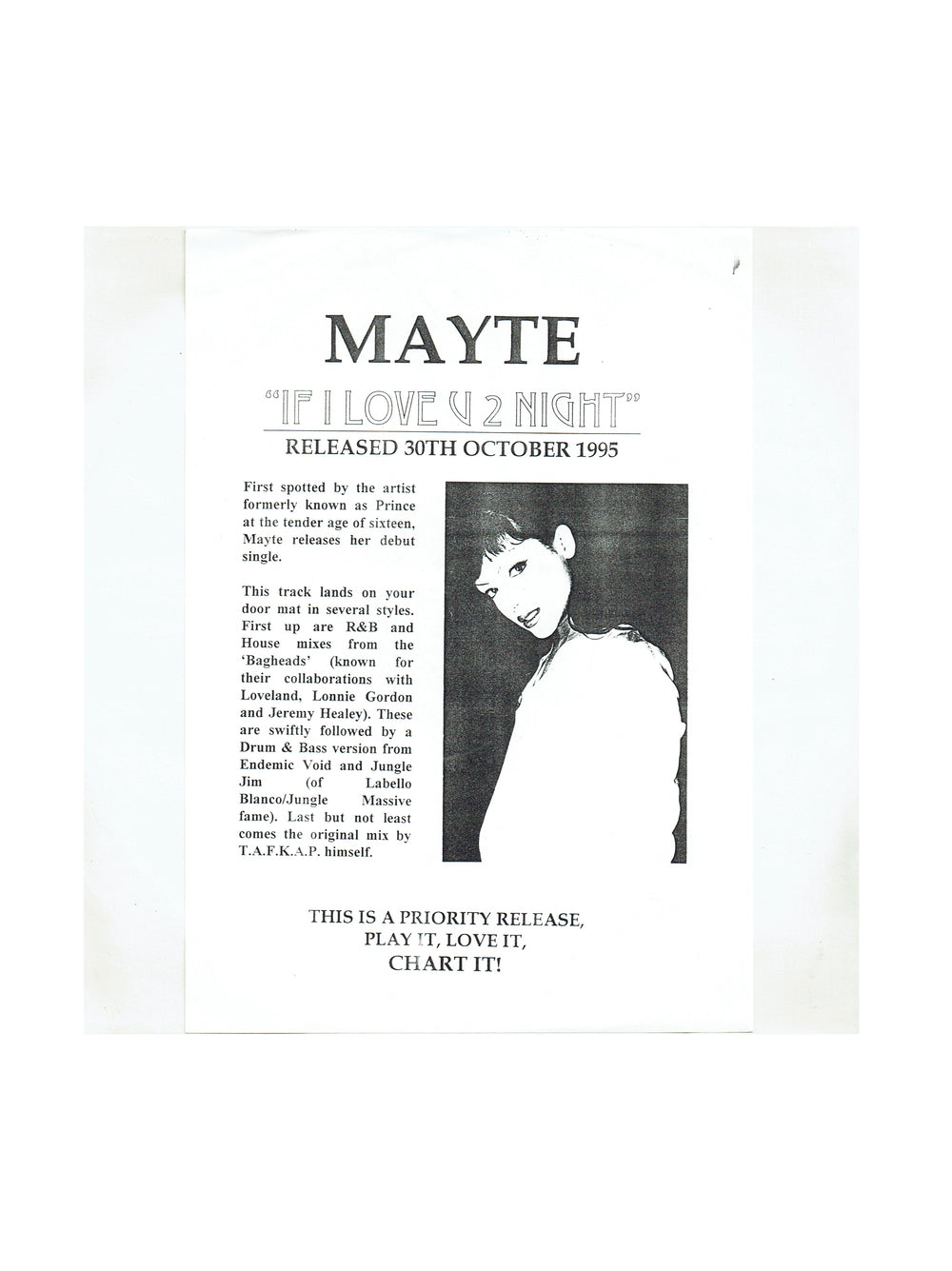 Mayte If I Love U 2 Nite Promotional 12 Inch Vinyl Single 1995 Release Prince DJ Only