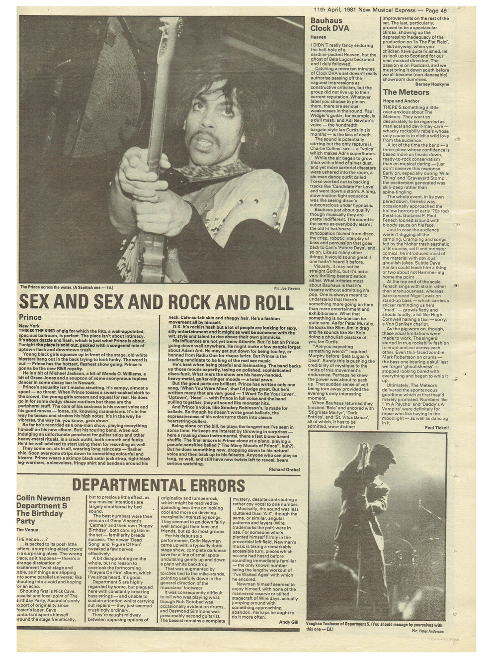 Prince –  NME Newspaper Magazine April 1981 Concert Review