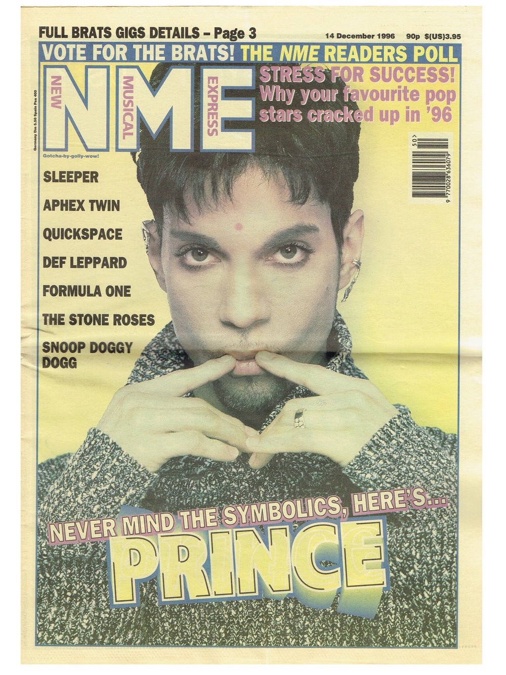 Prince NME Newspaper COMPLETE December 14 1996 Cover & 3 Page Article