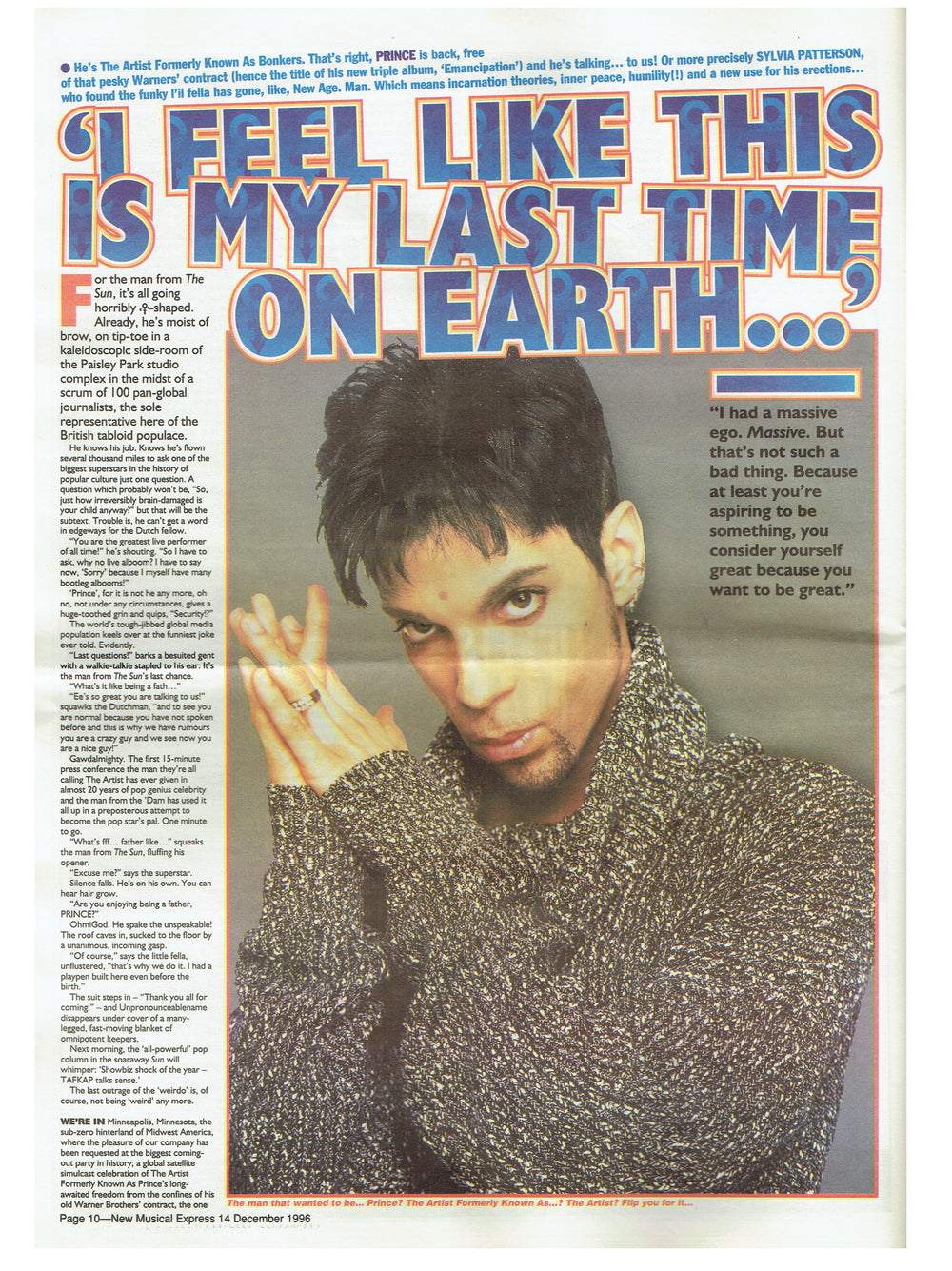 Prince – Newspaper NME COMPLETE December 14 1996 Cover & 3 Page Article Preloved: 1995