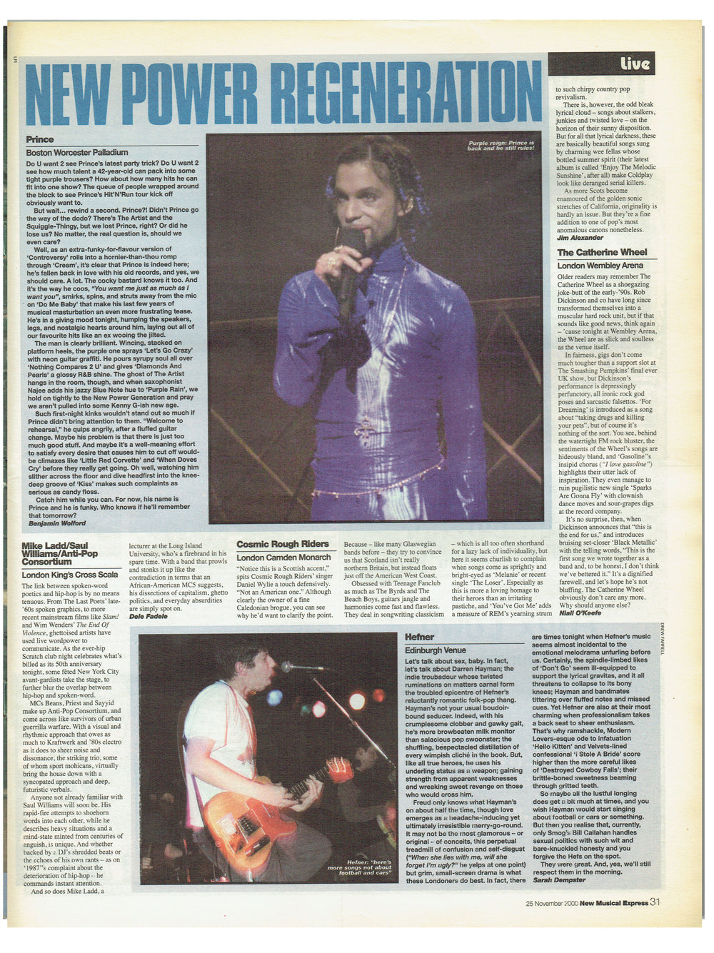 Prince – Newspaper NME Magazine November Live Review Preloved: 2000