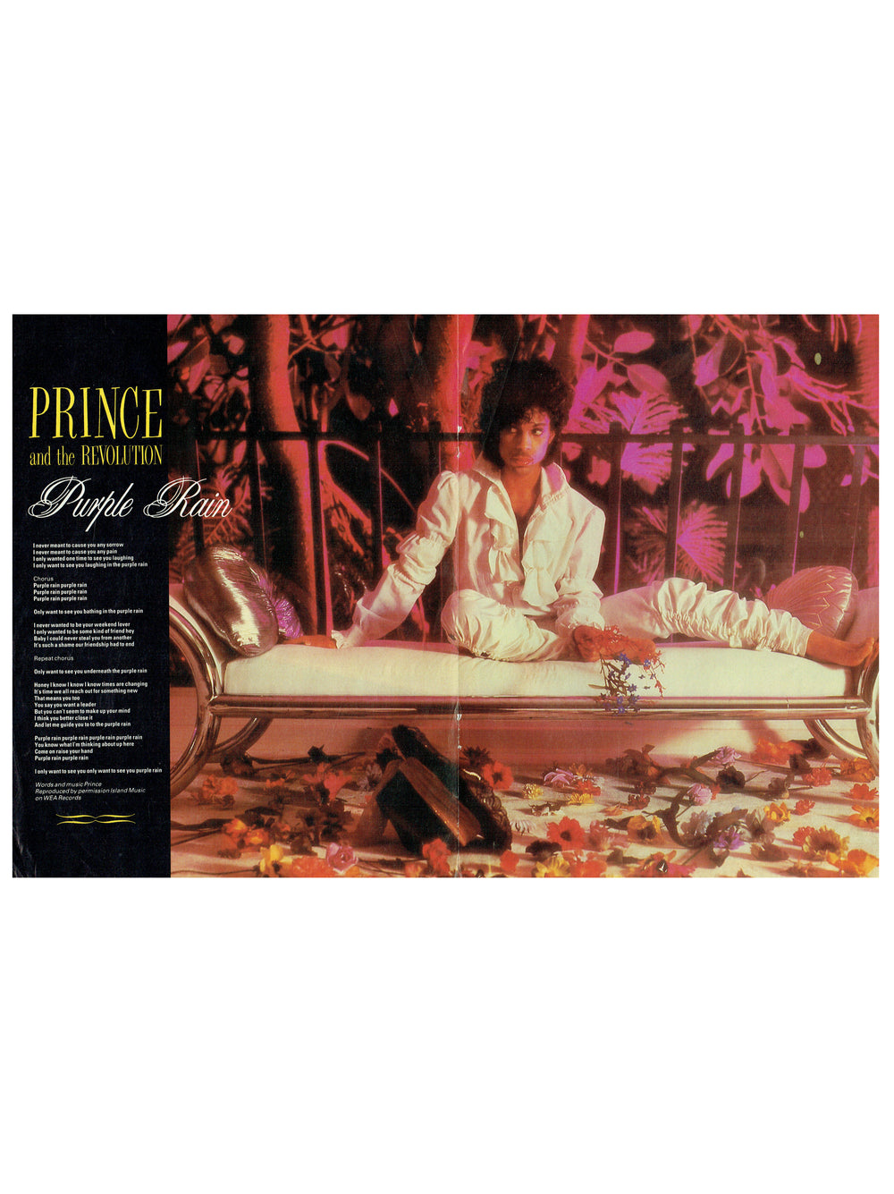 Prince – Purple Rain Magazine Lyrics Centre Spread UK Clipping 17" x 11" Preloved: 1984