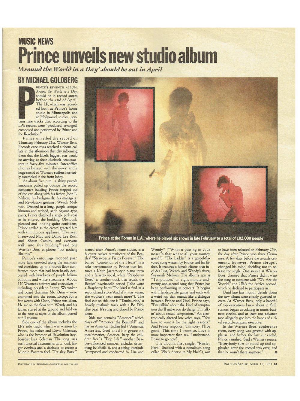 Rolling Stone Magazine April 11th 1985 Prince 1 Page Article New Album