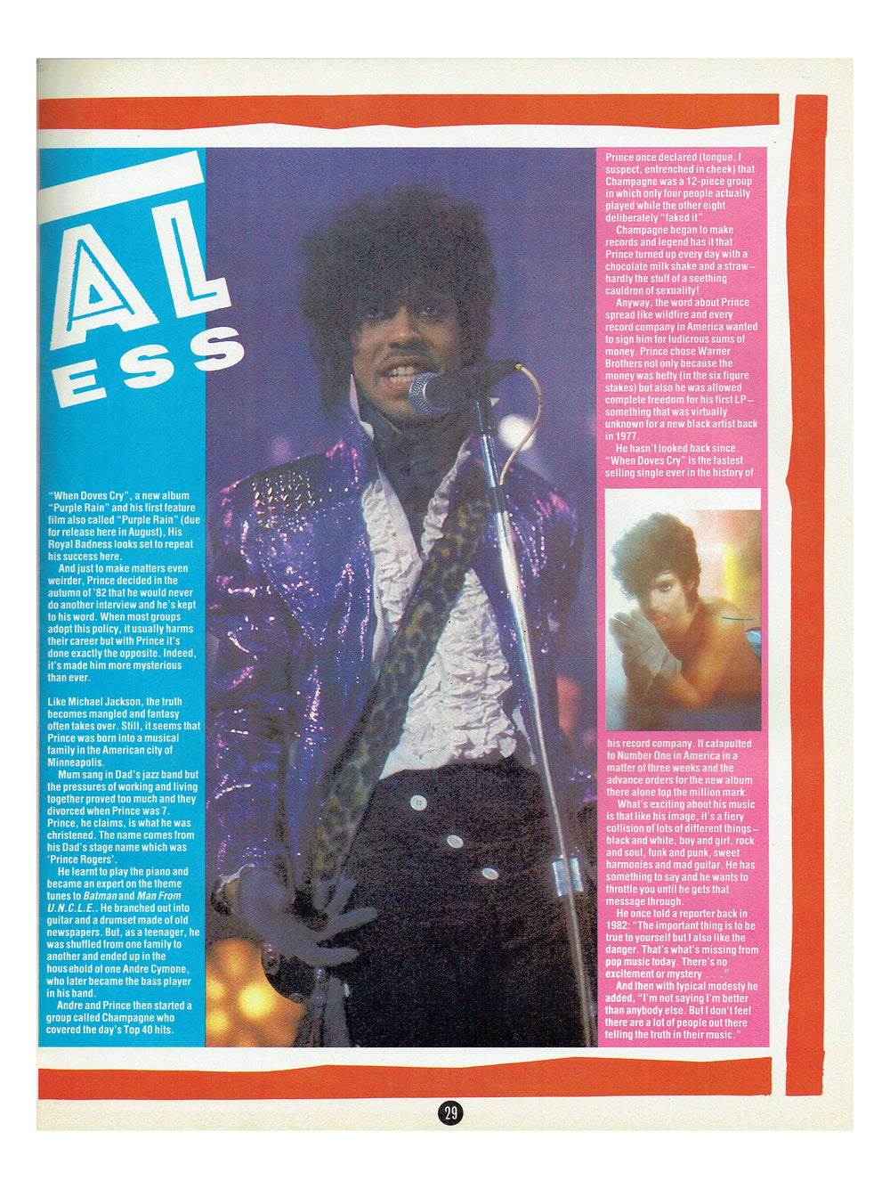 Smash Hits Magazine July August 1984 Purple Rain Advert 1/1/2 Page Article Prince