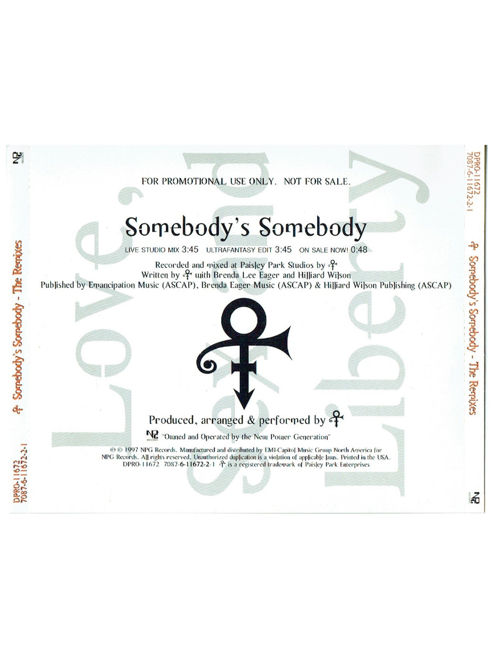 Prince – O(+> Somebody's Somebody Promotional Only CD Single 3 Track USA Release 1997 Prince
