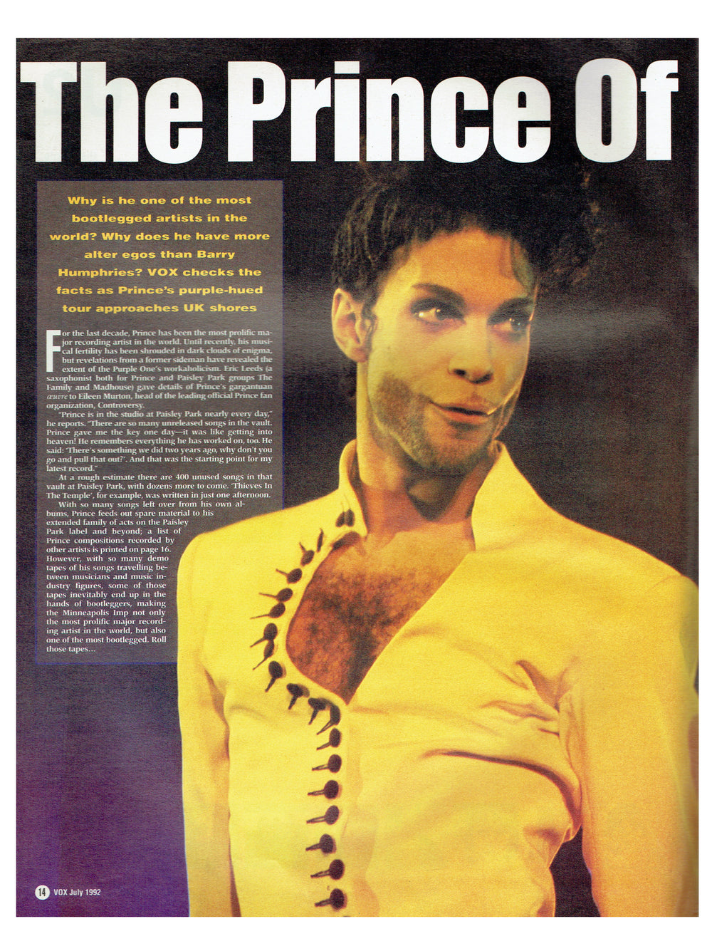 Prince – Vox Magazine July Cover Insert & 4 Page Article Preloved; 1992