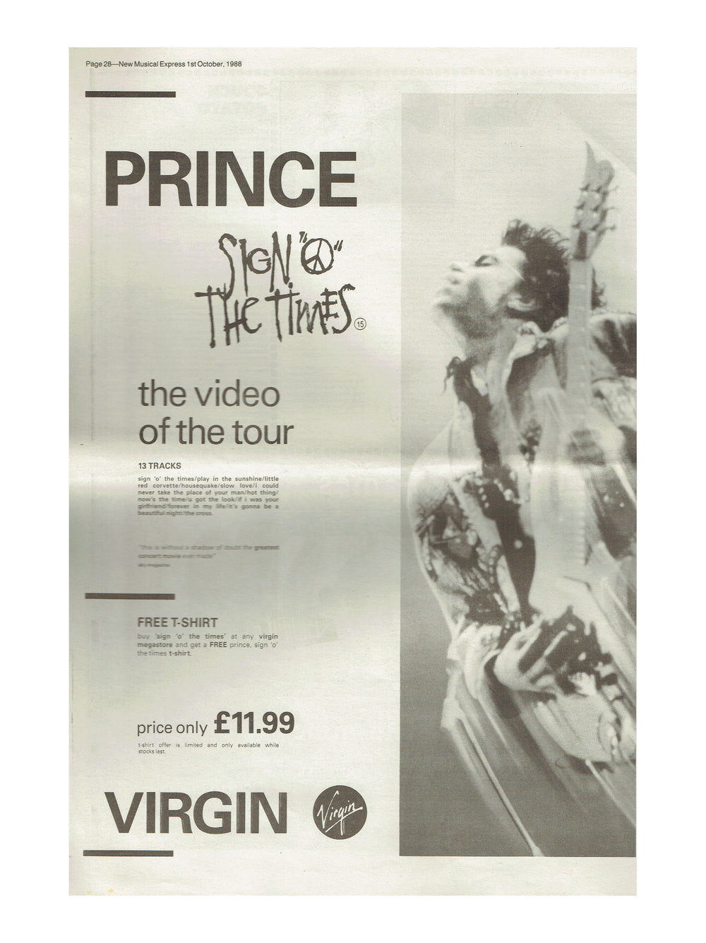 Prince – Newspaper  Full Page Official Advert NME Newspaper October 1st  Video Preloved: 1988