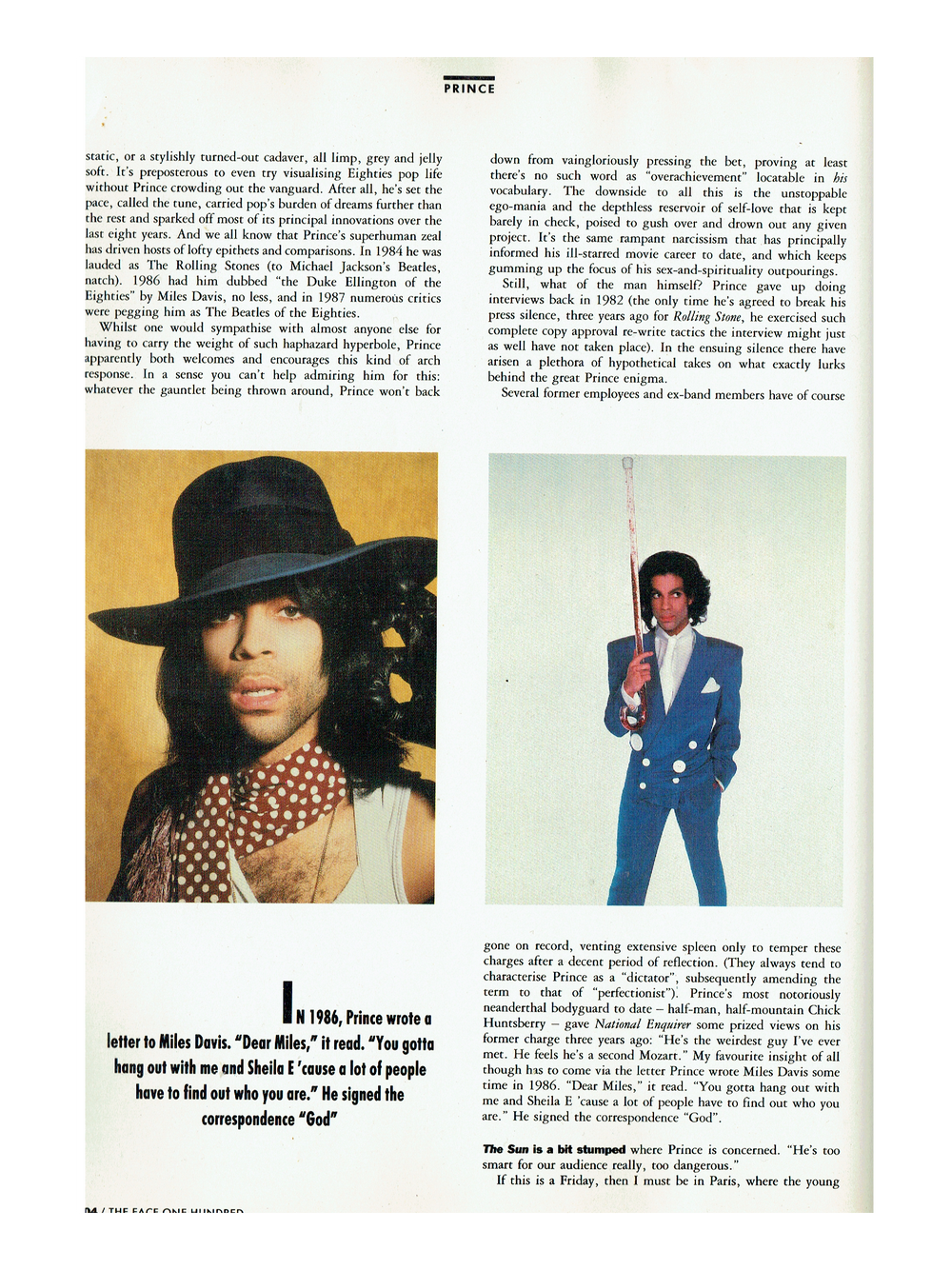 Prince – Magazine The Face UK Magazine September 5 Page Article Preloved: 1988