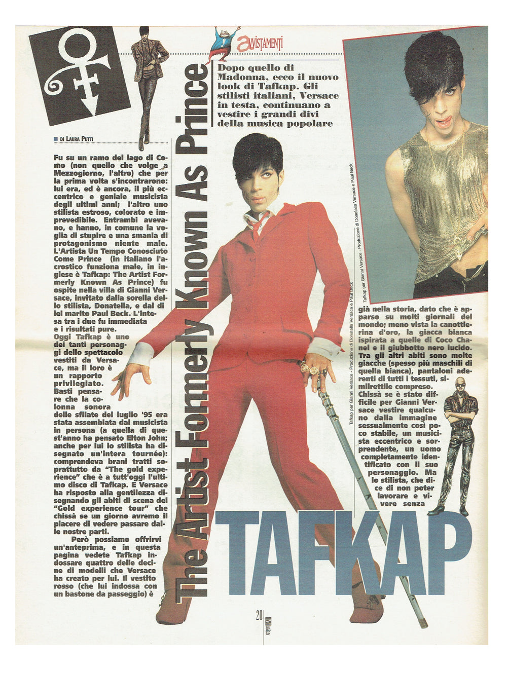 Prince – Versace Musica Magazine April 17th  Insert Cover & 2 Page Article Italian Preloved: 1996