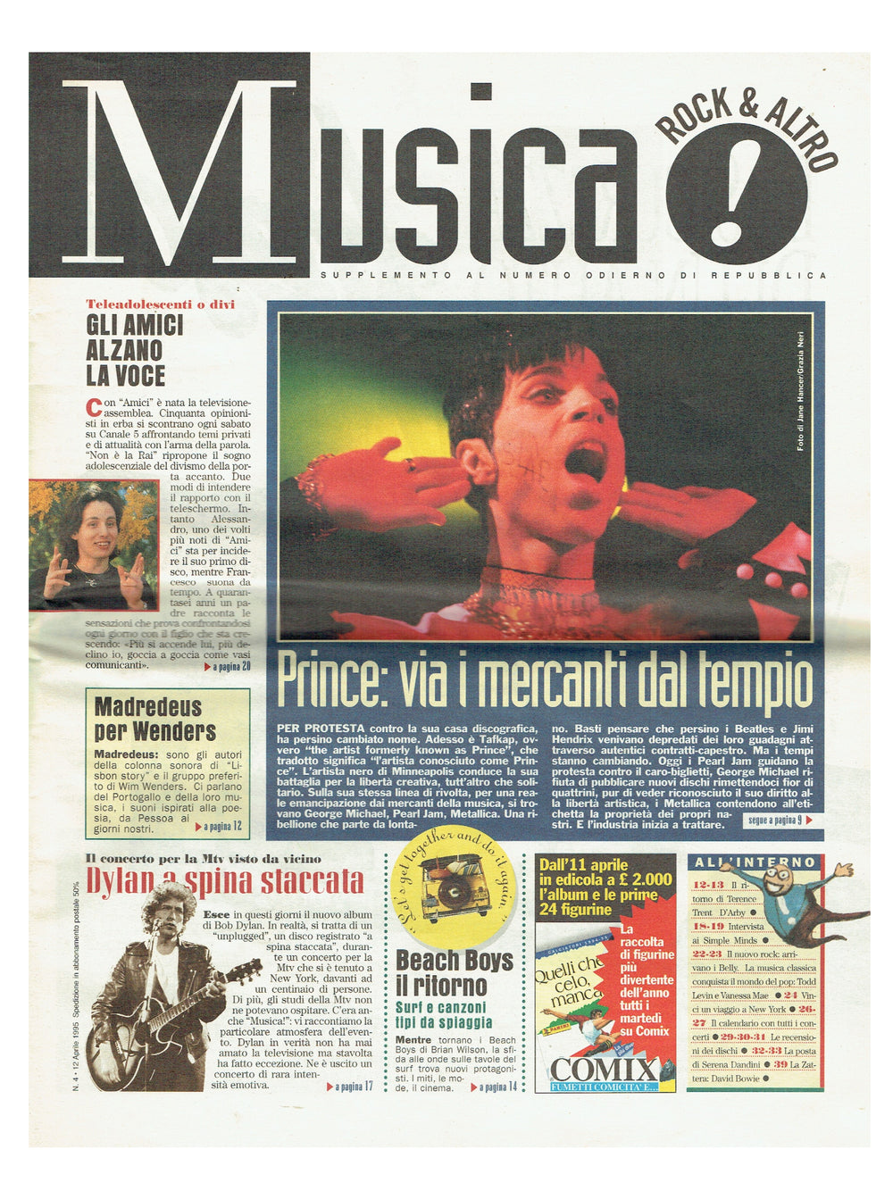 Prince – Musica Magazine April 12th 1995 Insert Cover & 1/2  Page Article Italian