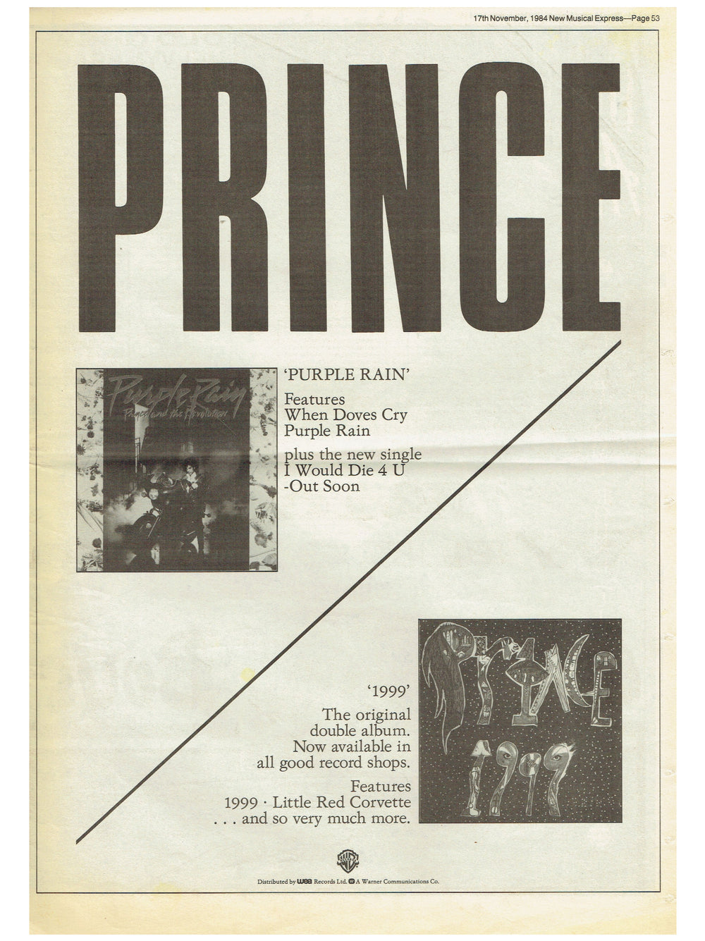 Prince – & The Revolution – Purple Rain 1999 Album Full Page Official Advert NME Newspaper Nov 17th 1984