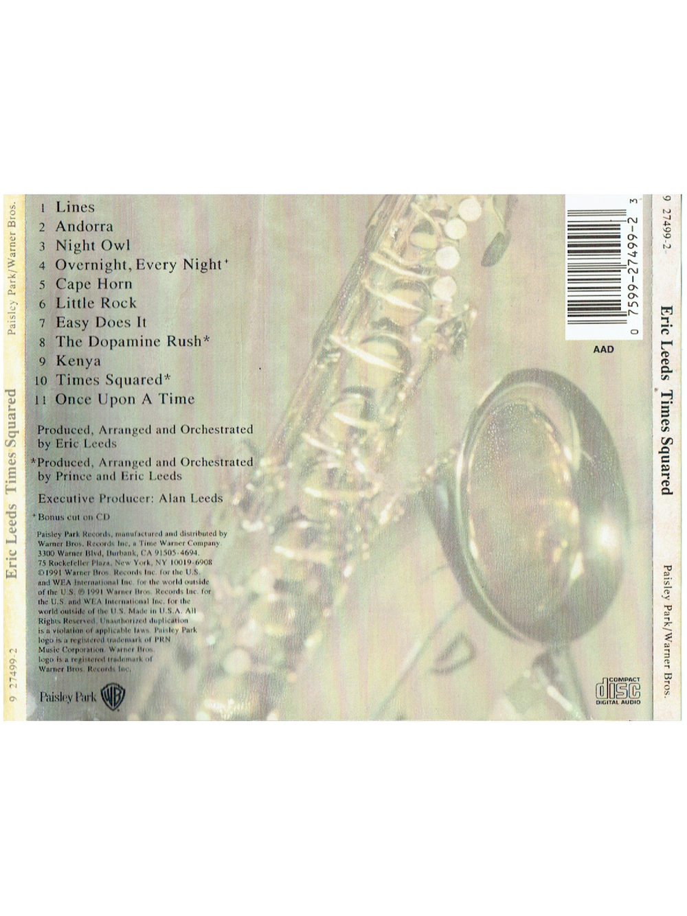 Eric Leeds Times Squared Compact Disc Album USA Paisley Park Prince Performs & Writes