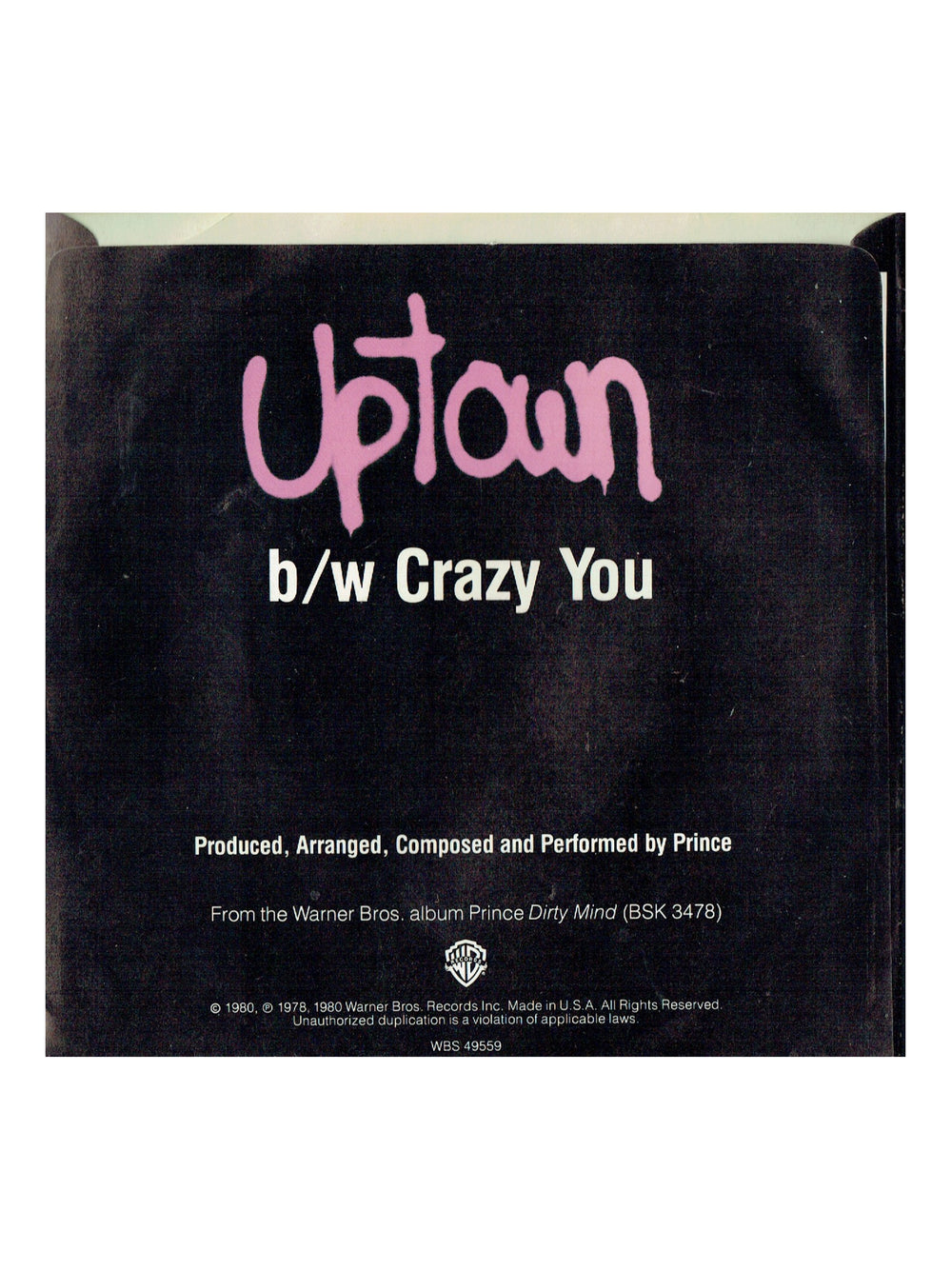 Prince – Uptown / Crazy You Original 7 Inch Vinyl Single USA Release PINK TEXT