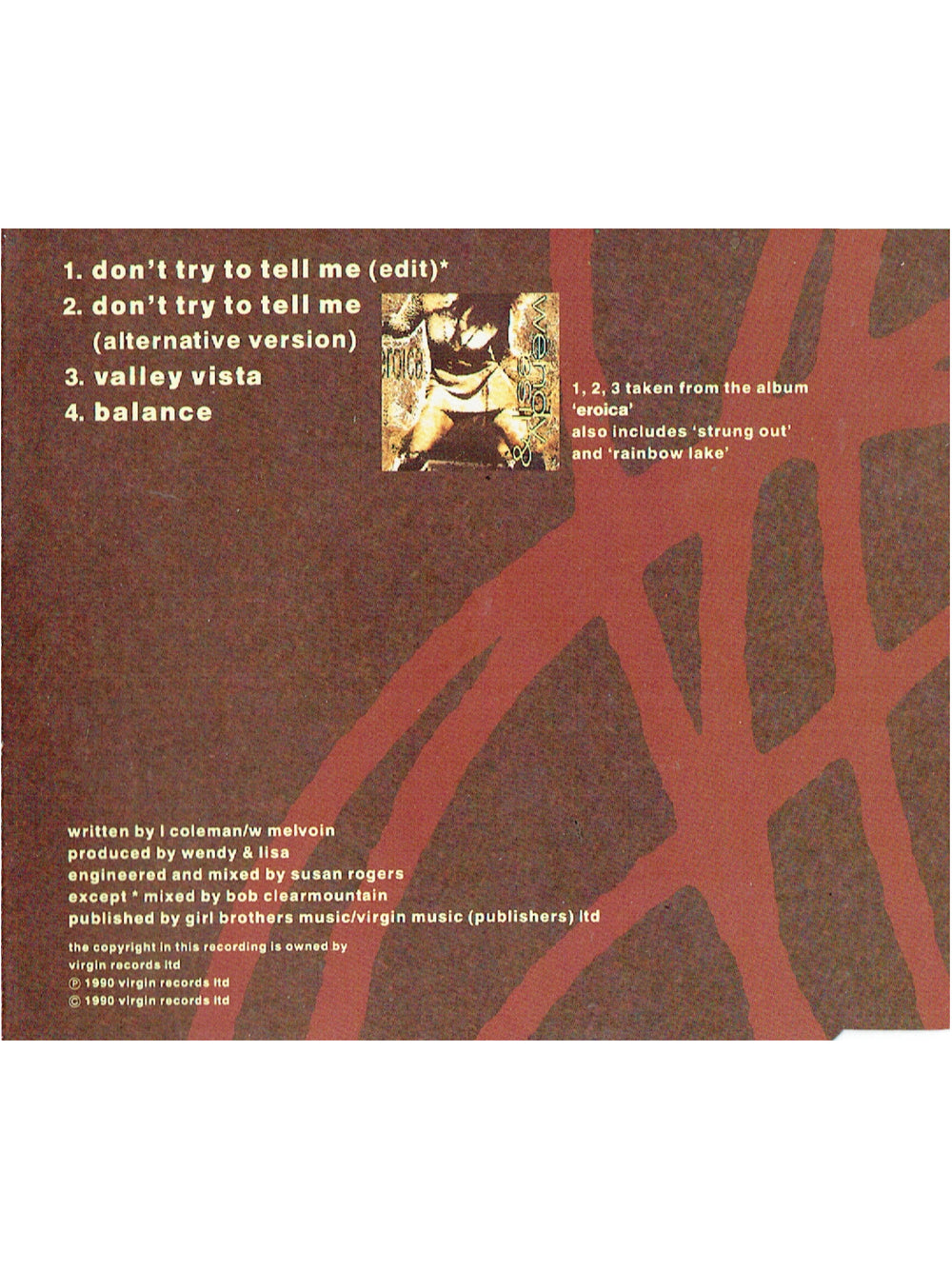Prince – Wendy & Lisa Don't Try To Tell Me CD Single 1990 UK Release Eroica Prince